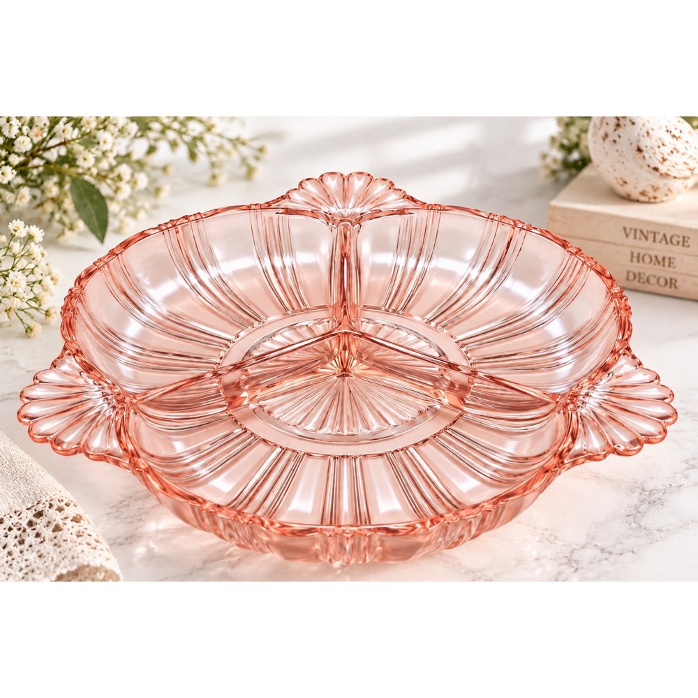 Indiana Glass Pink Depression Glass Relish Dish Oyster Pearl Serving Tray 10in